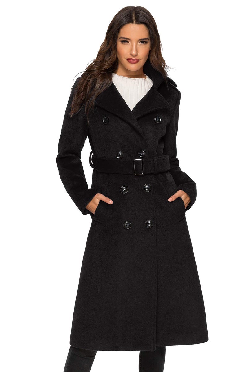 Escalier Womens Wool Coat Double Breasted Pea Coat Winter Long Trench Coat with Belt Black M - Image 1